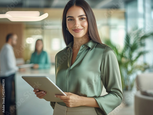 Confident Businesswoman Holding a Tablet in Modern Office. Smiling businesswoman in a green blouse holding a tablet in a bright, modern office environment.