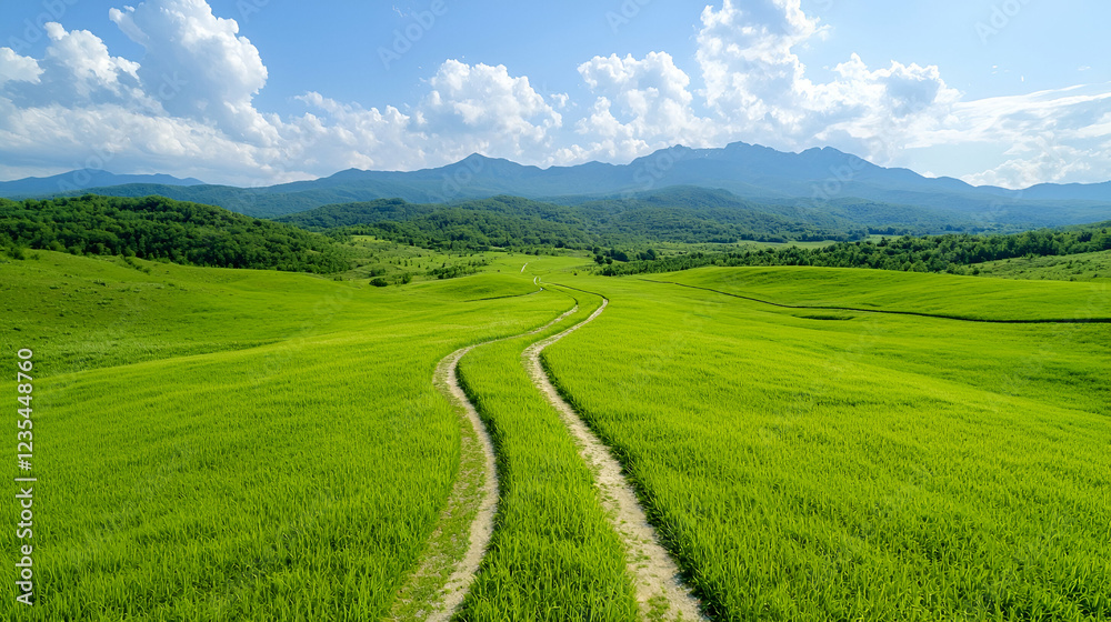 Fototapeta premium Winding road through green valley, mountain backdrop, sunny day, travel poster