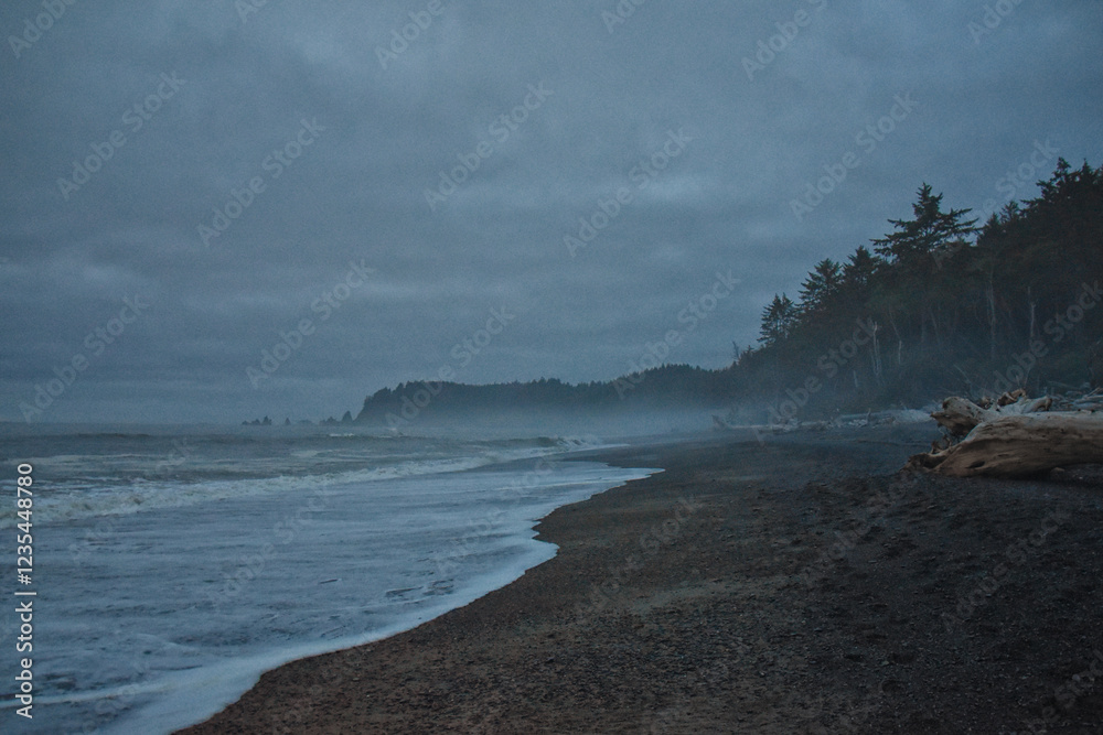 Rialto Beach beach and ocean island views at dusk in Olympic National Park, Washington State, USA.