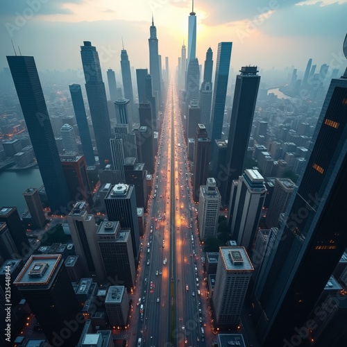 A bustling metropolis with towering skyscrapers and a vibrant cityscape