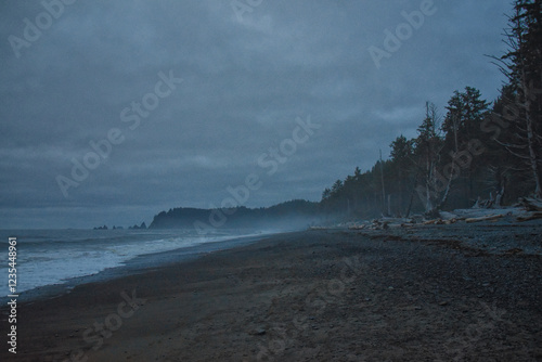 Rialto Beach beach and ocean island views at dusk in Olympic National Park, Washington State, USA.  photo