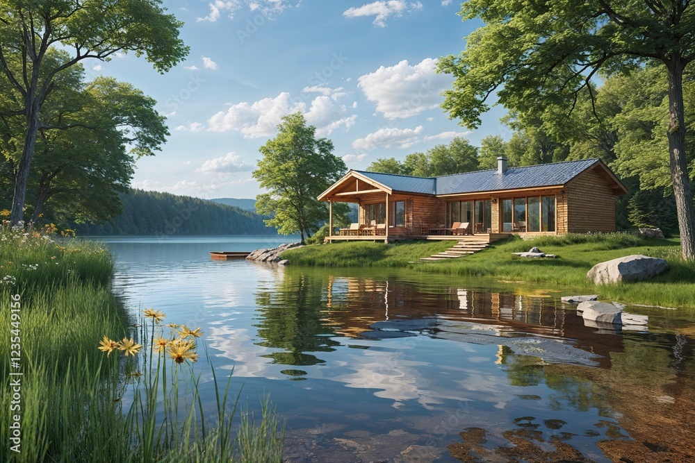 Obraz premium Peaceful Lakeside Retreat in Summer - A Tranquil Escape into Nature