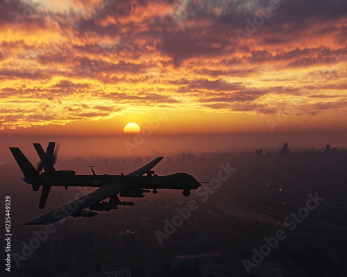 Tactical Drone Overwatch in a Simulated Urban Warfare Environment at Sunset photo