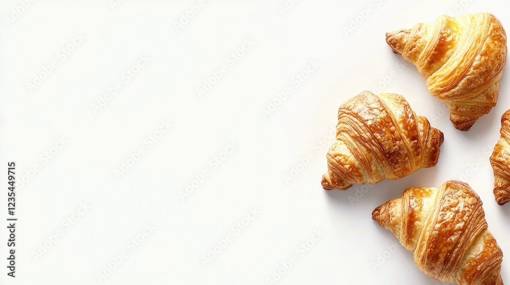 Flaky croissants with a golden finish displayed against a clean white surface, offering space for text or branding elements. Flaky croissants with a golden finish displayed against a clean white surface, offering space for text or branding elements.