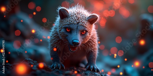 A mysterious creature with glowing eyes, its fur a mix of darkness and light