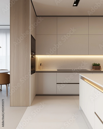 A minimalist kitchen with white cabinets and a light grey stone countertop, a light wood wall panel with subtle lighting, a white floor, a neutral color palette