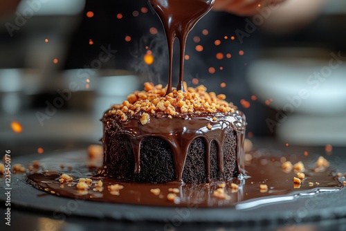 Chocolate cake dessert, nuts, pouring sauce, kitchen, food photography