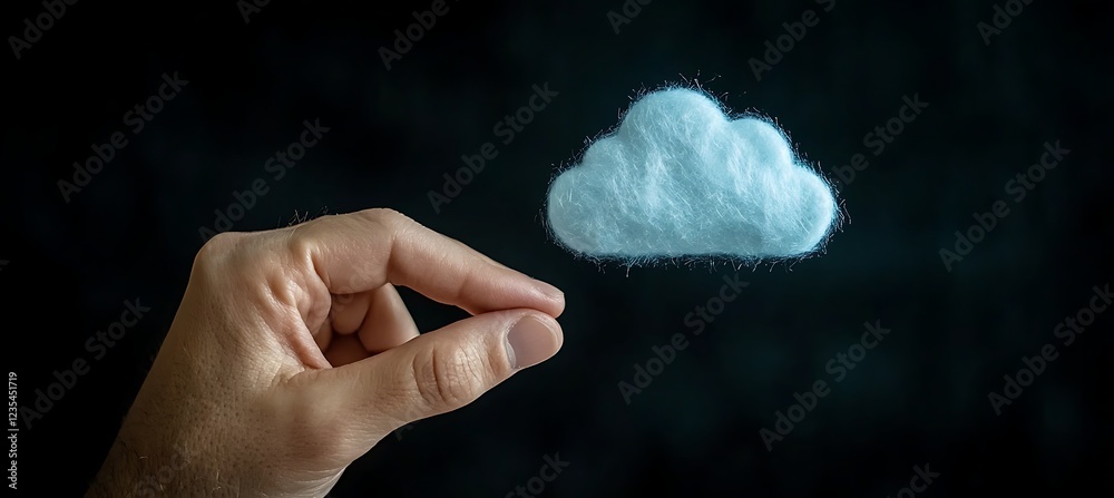 Hand Reaching for a Fluffy, Cloud-Shaped Cotton Ball Against a Dark Background Hand Reaching for a Fluffy, Cloud-Shaped Cotton Ball Against a Dark Background