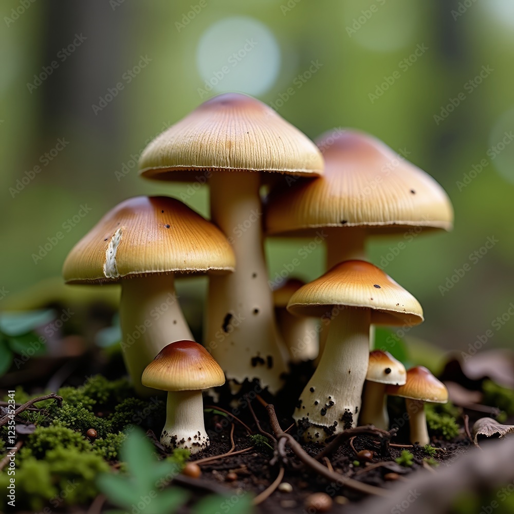 A cluster of mushrooms growing in the forest, their caps a vibrant orange-brown hue A cluster of mushrooms growing in the forest, their caps a vibrant orange-brown hue
