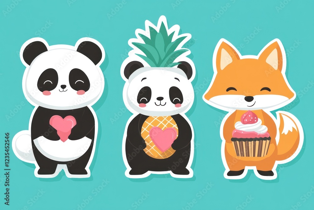 Fototapeta premium Cute panda, fox, pineapple, cupcake, heart, teal background; Valentine's Day card