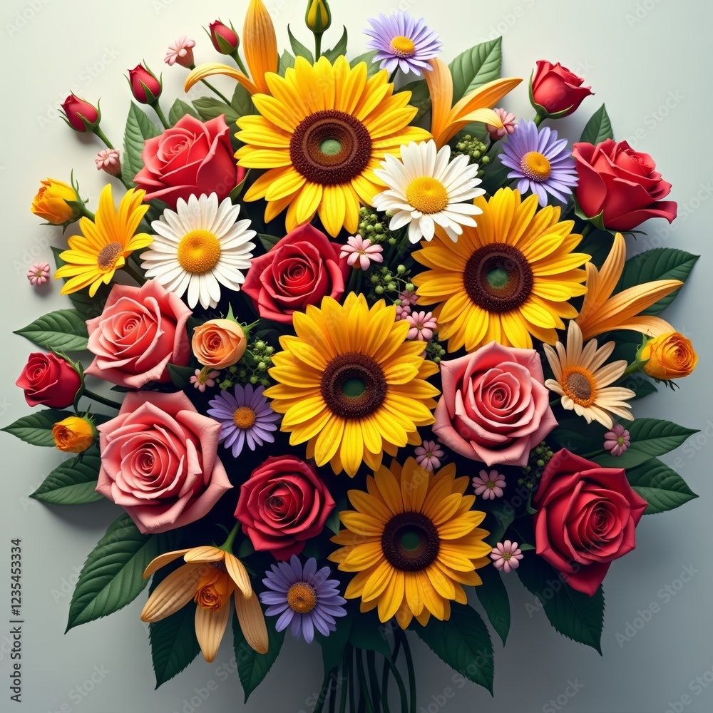 Naklejka premium A vibrant bouquet of roses, sunflowers, and daisies