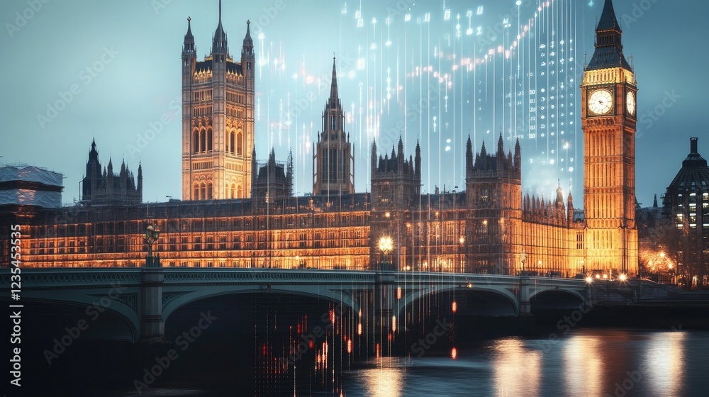 Fototapeta premium Parliament building with upward financial graph, illustrating governance and steady economic development in a sleek design.