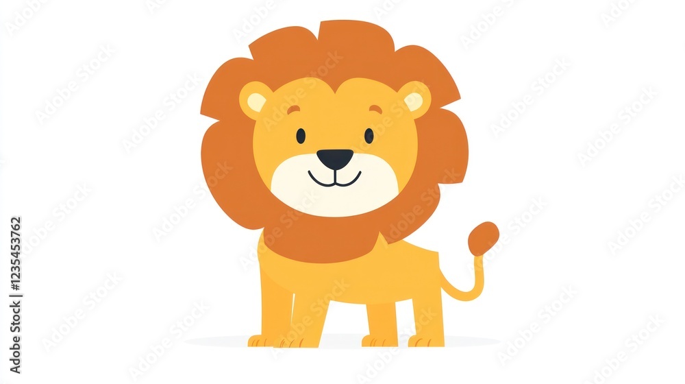 Obraz premium Cartoon lion cub, playful pose, white background, kids book illustration