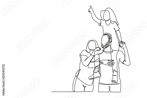 Continuous oneline drawing of a happy family. Father carries a child on his shoulders while the mother looks on. Minimalist vector art for love and togetherness.