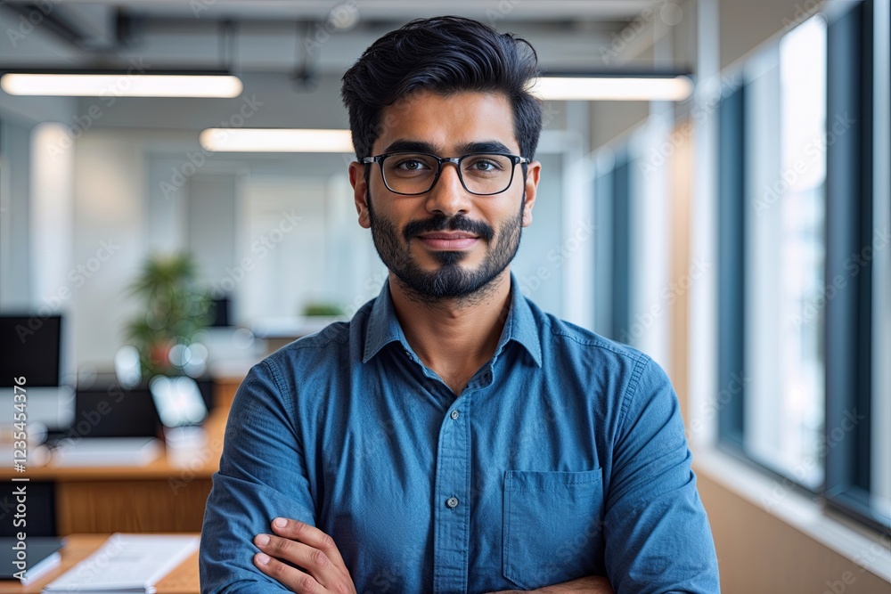 Confident Young Indian Man Professional Portrait in Vibrant Office Environment Confident Young Indian Man Professional Portrait in Vibrant Office Environment