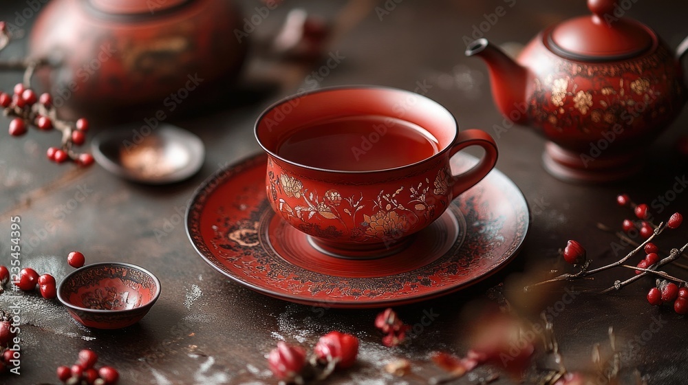 Fototapeta premium Red tea set on a dark table with intricate details, surrounded by warm decorative elements, creating a charming, intimate atmosphere.