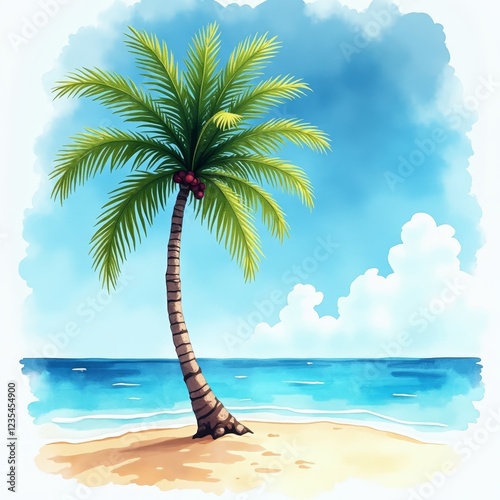 A solitary palm tree stands on a sandy beach, its slender trunk swaying gently in the ocean breeze