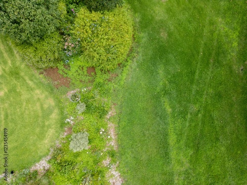 Aerial view of vibrant, lush green gardens