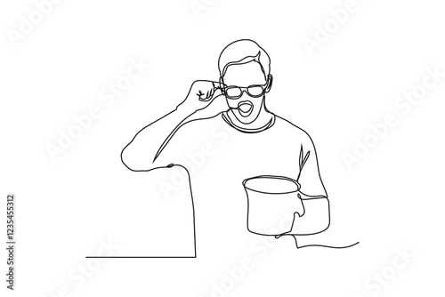 Oneline drawing man eating soup glasses surprised taste