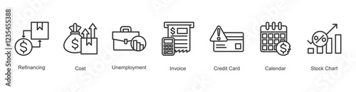 Execution Icon Refinancing, Cost, Unemployment, Invoice, Credit Card, Calendar, Stock Chart