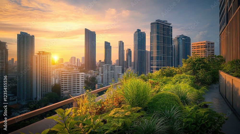 Fototapeta premium Rooftop garden filled with vibrant greenery, nestled among towering skyscrapers, showcasing sustainability in an urban environment.