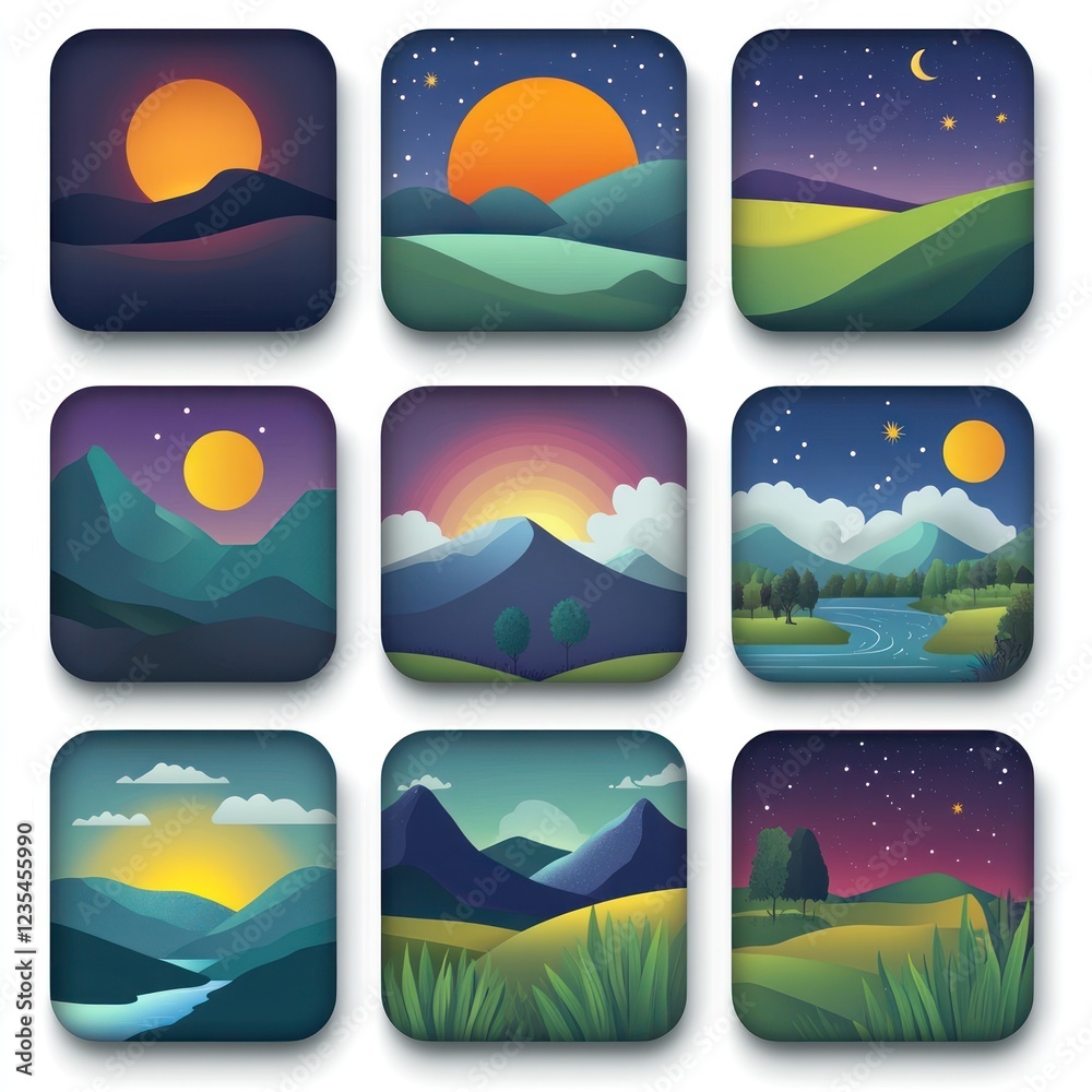 Obraz premium Nine scenic landscape illustrations featuring sun moon and stars