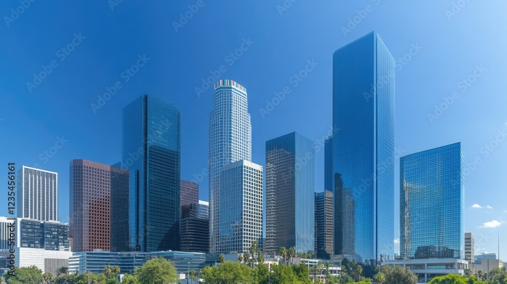 Sleek glass skyscrapers and office buildings forming a modern urban skyline under a cloudless blue sky. Sleek glass skyscrapers and office buildings forming a modern urban skyline under a cloudless blue sky.