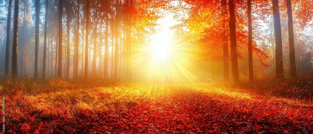 Naklejka premium A tranquil autumn forest with fiery red, orange, and gold leaves blanketing the ground. A winding path leads through towering trees, illuminated by the soft light of a setting sun. The cool,