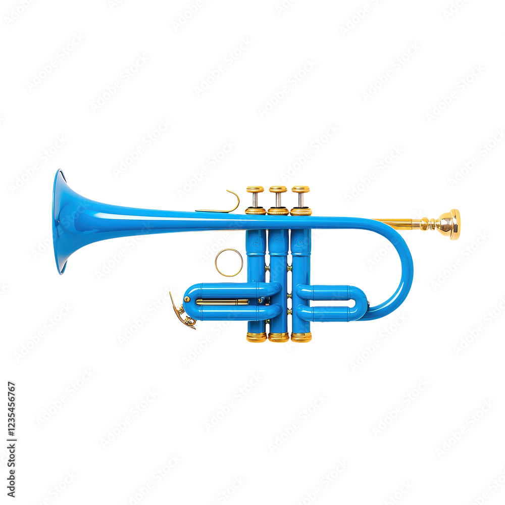 Bright Blue Trumpet with Gold Accents on a Solid Background