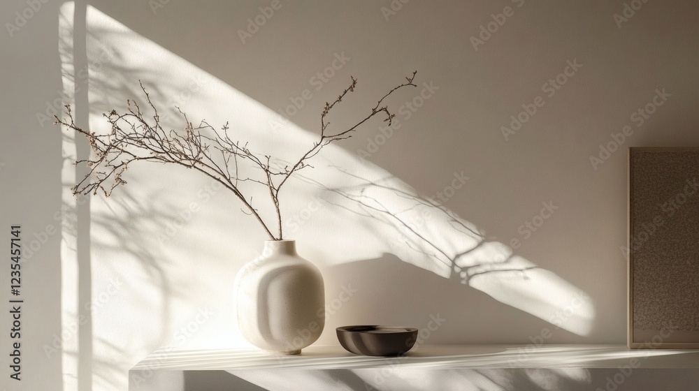 Serene Minimalist Interior Sunlight, Branches, and Ceramic Vase Serene Minimalist Interior Sunlight, Branches, and Ceramic Vase