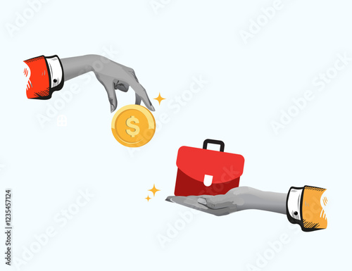 Two hands exchange a gold coin representing money for a red briefcase symbolizing a business portfolio, signifying investment and financial growth