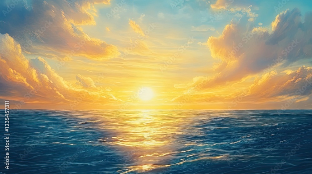 Fototapeta premium The sun dips towards the ocean horizon, casting a warm golden light and creating a serene, cloud-streaked sky.