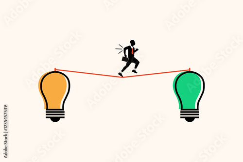 Businessman Balancing Risk, Innovation, Ideas, and Choices on Tightrope