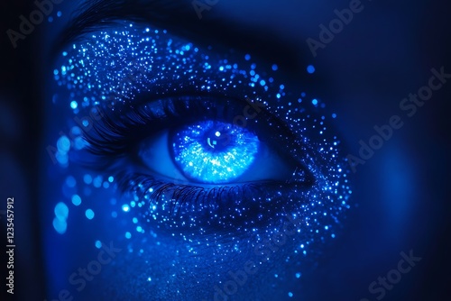 A close-up of a mesmerizing blue eye adorned with sparkling particles.