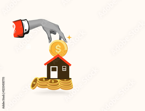 A hand inserts a dollar coin into a house, symbolizing real estate investment, home financing, mortgage payments, and saving for a down payment.