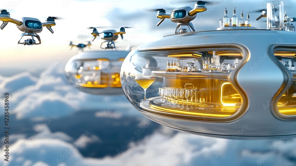 Fototapeta premium futuristic flying bar with drones - futuristic concepts