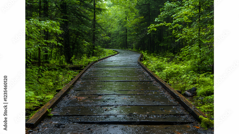 Rainy boardwalk path through lush green forest Rainy boardwalk path through lush green forest