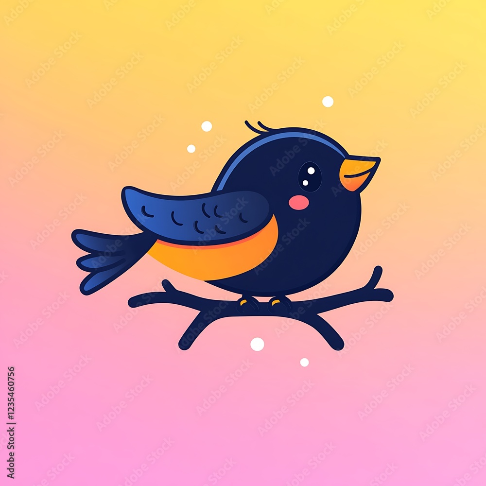 Adorable Cartoon Bird Perched on a Branch Against a Pastel Gradient Background Adorable Cartoon Bird Perched on a Branch Against a Pastel Gradient Background