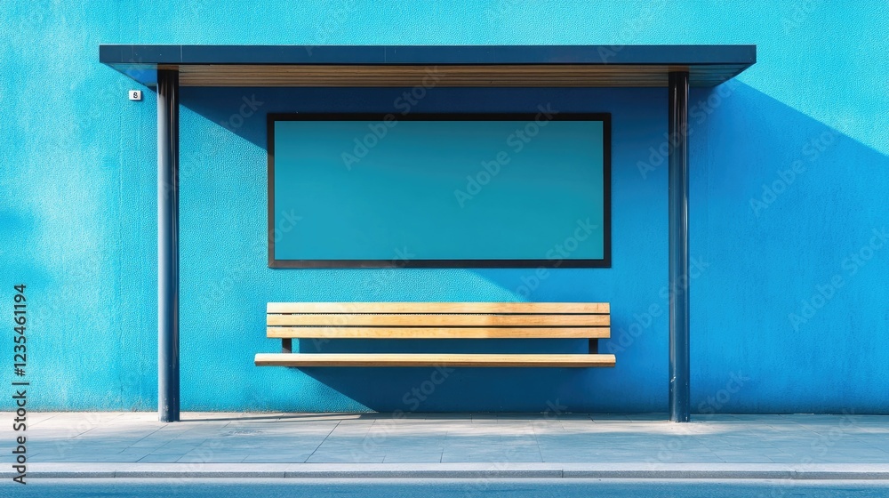 Wooden bench and blank ad space at a modern bus stop, set against a vibrant blue wall, combining functionality with aesthetics. Wooden bench and blank ad space at a modern bus stop, set against a vibrant blue wall, combining functionality with aesthetics.