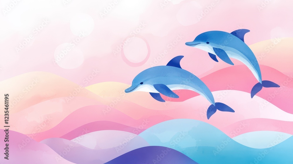 Obraz premium Two dolphins leaping colorful ocean.