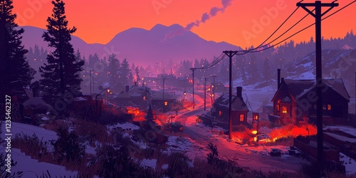 A cozy winter village nestled among snow-covered pine trees, with warm lights glowing from the windows of quaint cottages. Smoke curls from chimneys into the crisp evening air, and softly glowing 