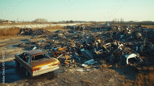 Wallpaper Mural Desolation: A Rusty Car Amidst a Mountain of Debris Torontodigital.ca