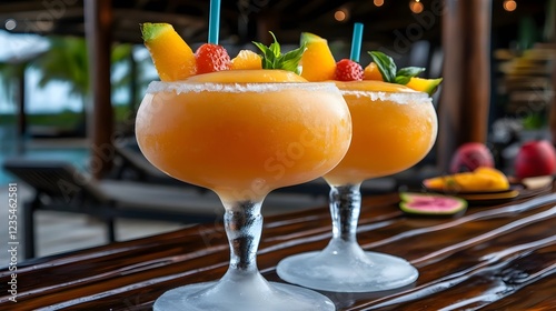 tropical mango frozen cocktails poolside - tropical drinks