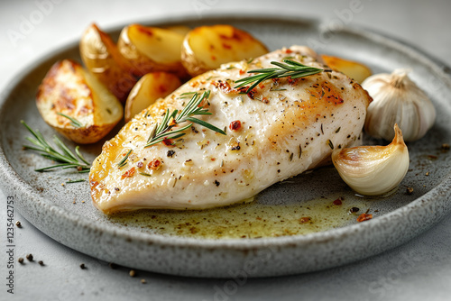 Plated cooked Chicken fillets rosemary butter, garlic, and roasted potatoes