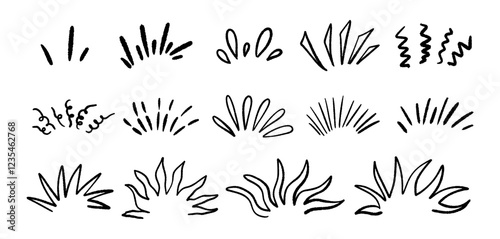 Doodle graphics elements sparkle, sunburst, rays, starburst. Hand drawn scribble stroke graphic elements for decoration design. Vector illustration.