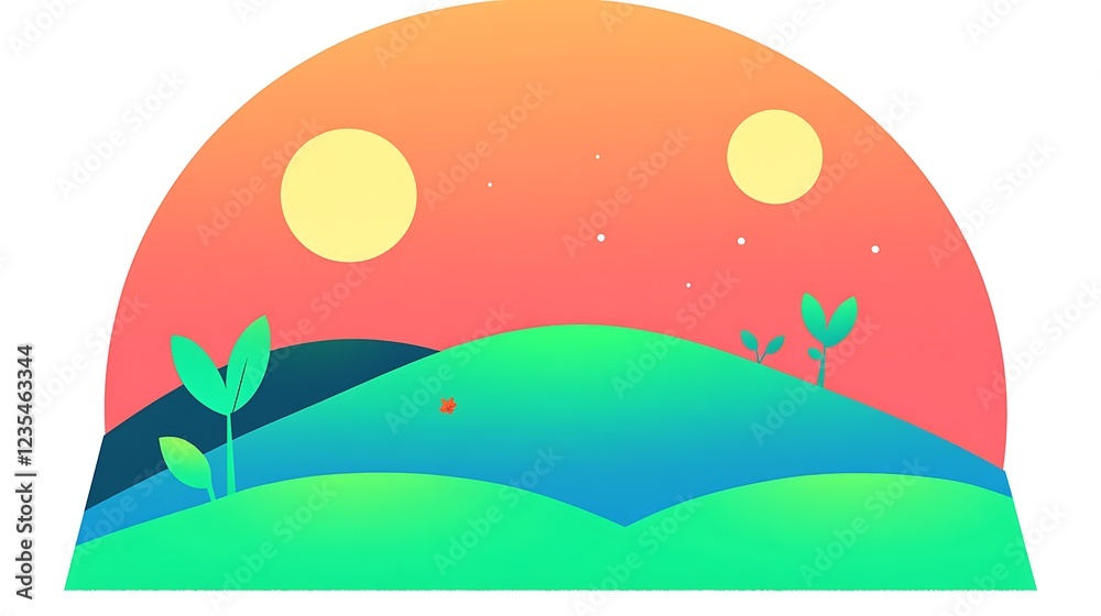 Simplified Sunset Landscape with Rolling Hills and Tiny Plants Simplified Sunset Landscape with Rolling Hills and Tiny Plants