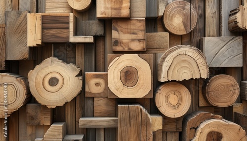 Abstract wooden blocks composition with varied textures and patterns