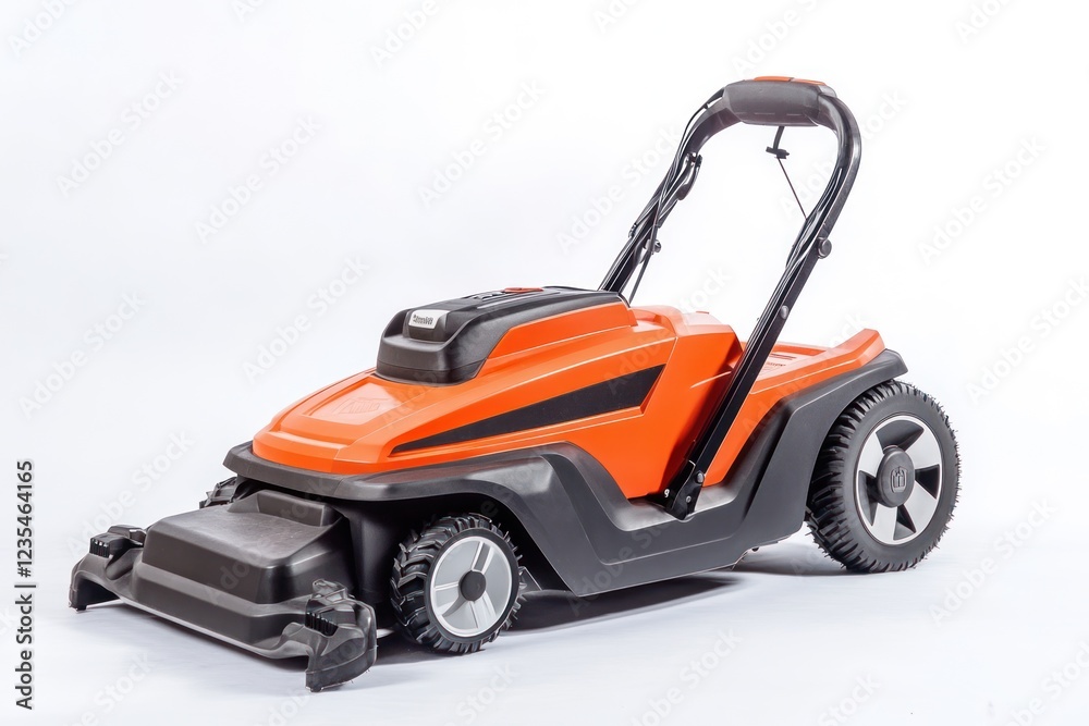 Orange lawnmower on white background, garden tool, summer, outdoor, mowing Orange lawnmower on white background, garden tool, summer, outdoor, mowing
