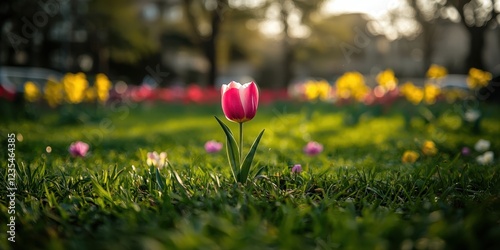 A lively spring garden filled with blooming tulips, daffodils, and pansies in shades of red, yellow, and purple. Bees and butterflies flit among the flowers as sunlight highlights the vibrant 