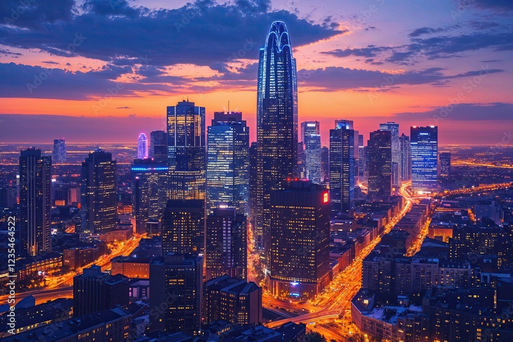 Obraz premium Stunning Evening City Skyline with Bright Illuminated Background